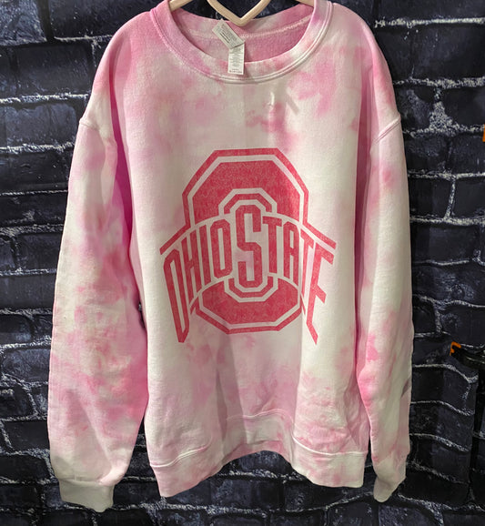 Ohio State Pink Tie Dye Crewneck Sweatshirt with Pink Glitter Logo